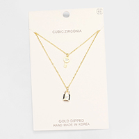 Gold Dipped CZ Key and Lock Pendant Layered Necklace 