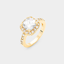 Gold Plated Square Cubic Zirconia Halo Statement Ring