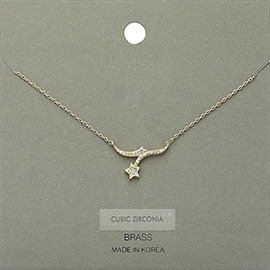 Brass Metal CZ Stone Paved Shooting Star Pendant Necklace