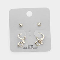 3Pairs  - Brass Metal Ball Stud Rhinestone Dangle Earrings   