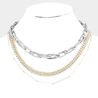 Layered Rhinestone Metal Chain Link Necklace