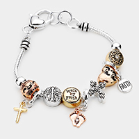 Metal Cross Foot Charm Multi Bead Bracelet