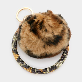 Leopard Pattern Pom Pom Rhinestone Pave Bangle Keychain / Bracelet