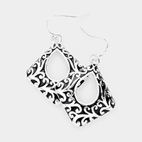 Antique Pattern Cut Out Metal Square Dangle Earrings