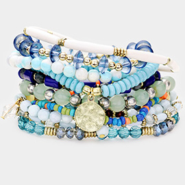 10PCS - Multi Bead Metal Disc Charm Stretch Bracelets