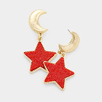Metal Crescent Moon Druzy Star Link Dangle Earrings