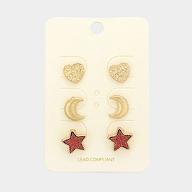 3Pairs - Textured Metal Heart Crescent Moon Druzy Star Stud Earrings