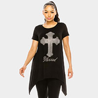 Cross Accented Blessed Message Crystal Embellished Top