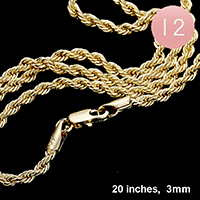 12PCS - 20 INCH, 3mm Gold Plated Rope Chain Metal Necklaces