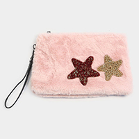 Star Patches Fuzzy Faux Fur Wristlet Clutch Bag