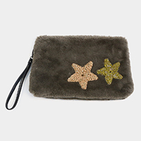 Star Patches Fuzzy Faux Fur Wristlet Clutch Bag
