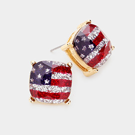 American USA Flag Glitter Square Stone Stud Earrings