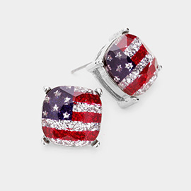 American USA Flag Glitter Square Stone Stud Earrings