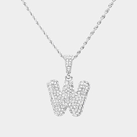-W- Rhinestone Monogram Pendant Brass Chain Necklace