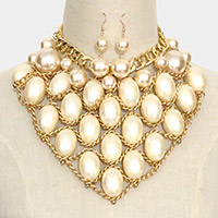 Pearl Chain Link Statement Bib Necklace