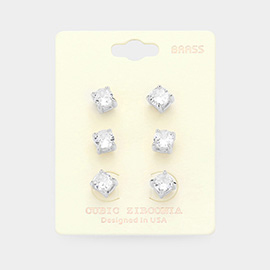 3PAIRS - CZ Cubic Zirconia Round Stud Earrings