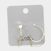 Brass Metal Chain Draped Heart Accented Half Hoop Earrings