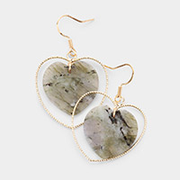 Natural Stone Heart Accented Open Metal Heart Layered Dangle Earrings