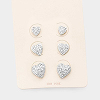 3Pairs - CZ Cubic Zirconia Heart Stud Earrings