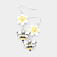 Enamel Flower Honey Bee Dangle Earrings