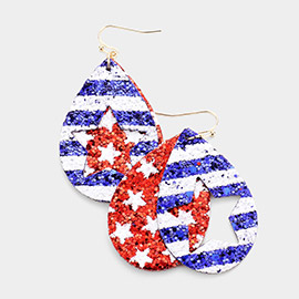 Glitter Star American USA Flag Double Layered Teardrop Earrings