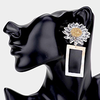 Flower Accented Open Mother of Pearl Rectangle Link Earrings