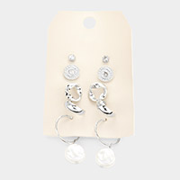 5Pairs - Round Stone Twisted Metal Freshwater Pearl Earrings