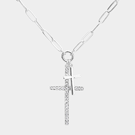 Rhinestone Embellished Metal Cross Pendant Necklace