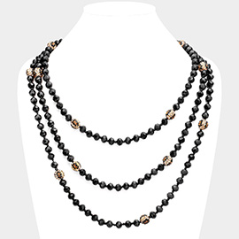 Leopard Pattern Shamballa Ball Accented Faceted Bead Long Necklace