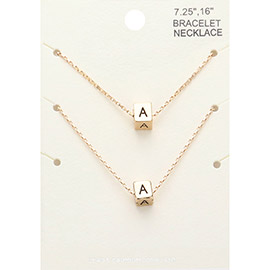 2PCS - -A- Monogram Metal Cube Pendant Necklace / Bracelet Set