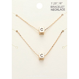 2PCS - -C- Monogram Metal Cube Pendant Necklace / Bracelet Set
