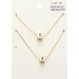 2PCS - -E- Monogram Metal Cube Pendant Necklace / Bracelet Set