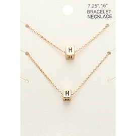 2PCS - -H- Monogram Metal Cube Pendant Necklace / Bracelet Set