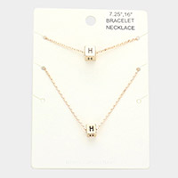 2PCS - -H- Monogram Metal Cube Pendant Necklace / Bracelet Set