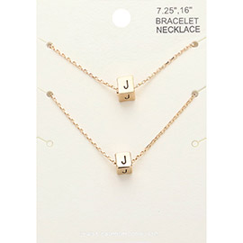 2PCS - -J- Monogram Metal Cube Pendant Necklace / Bracelet Set