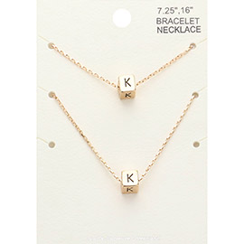 2PCS - -K- Monogram Metal Cube Pendant Necklace / Bracelet Set