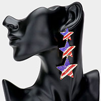 American USA Flag Triple Rhinestone Star Link Dangle Earrings