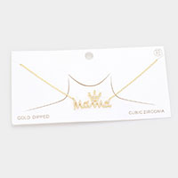Gold Dipped CZ Crown MAMA Message Pendant Necklace