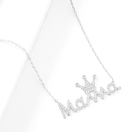 White Gold Dipped CZ Crown MAMA Message Pendant Necklace