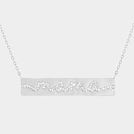 White Gold Dipped CZ MAMA Message Metal Bar Pendant Necklace