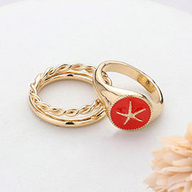 2PCS - Starfish Accented Enamel Round Split Metal Mixed Ring Set