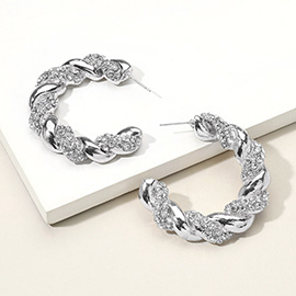 Rhinestone Embellished Braided Metal Half Hoop Earrings