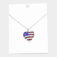 Rhinestone Embellished American USA Flag Heart Pendant Necklace