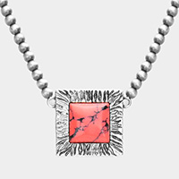 Square Natural Stone Accented Pendant Necklace