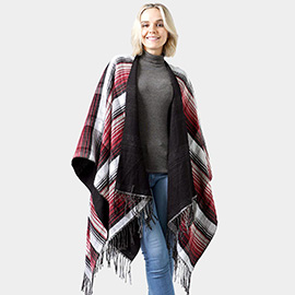 Reversible Plaid Check Patterned Tassel Cape Poncho