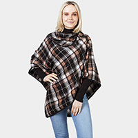 Plaid Check Patterned Coconut Button Poncho