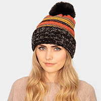 Multi Colored Striped Fleece Pom Pom Beanie Hat