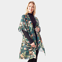 Floral Printed Gold Foil Accented Ruana Poncho