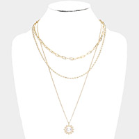 Pearl Accented Sun Pendant Triple Layered Necklace