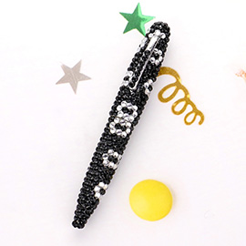 Leopard Patterned Crystal Embellished Ball Pen